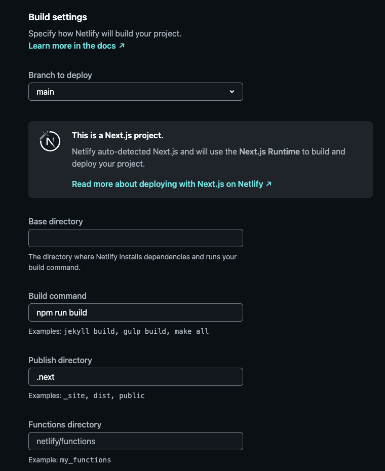 Netlify build settings screenshot