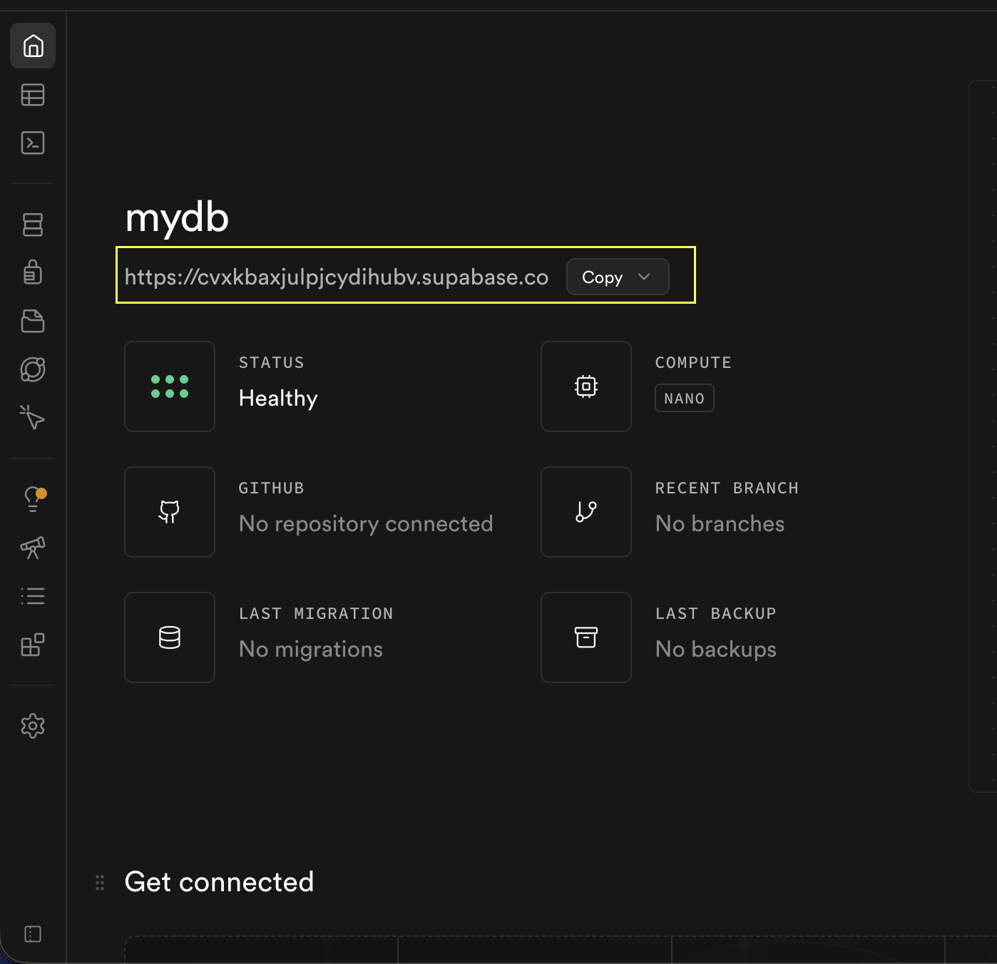Supabase project URL screenshot