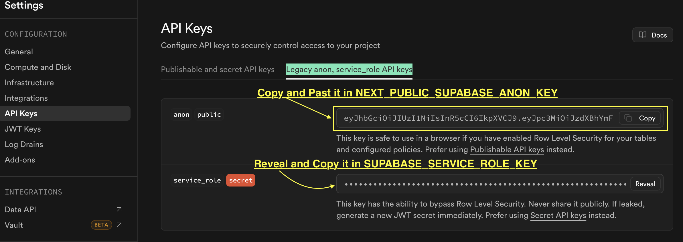 Supabase API keys screenshot
