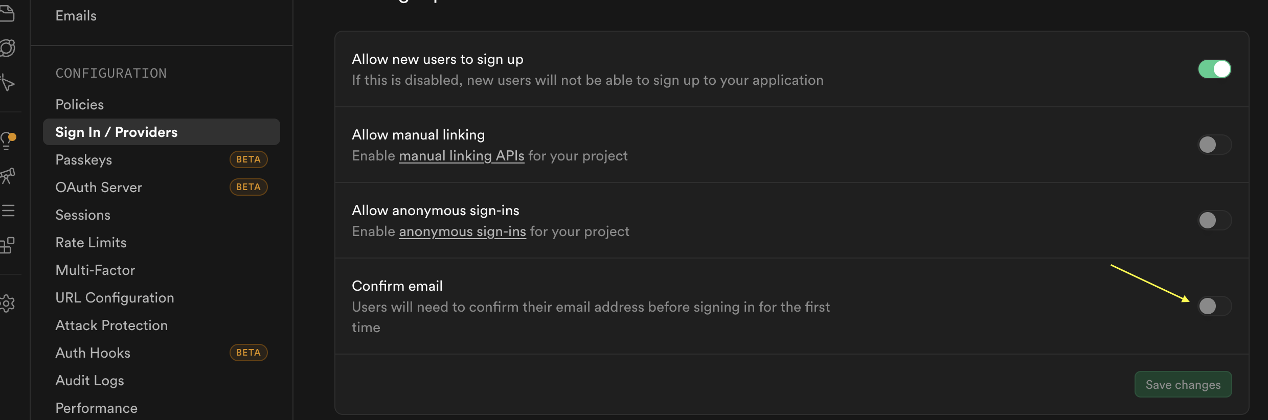 Disable confirm email screenshot