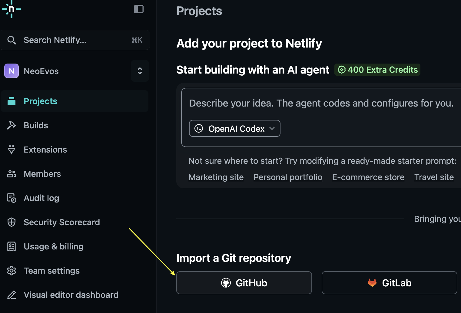 Netlify add site screenshot