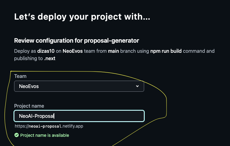 Netlify project name screenshot