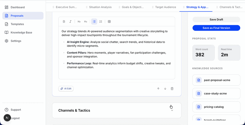 Proposal Editor Gif showing editable section with rich text area