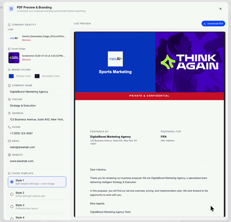 Proposal Editor Gif showing editable section with rich text area