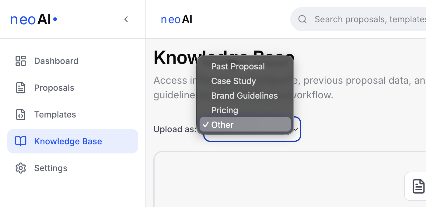 Upload category selection dropdown with options like 'Past Proposal', 'Case Study', 'Brand Guidelines'