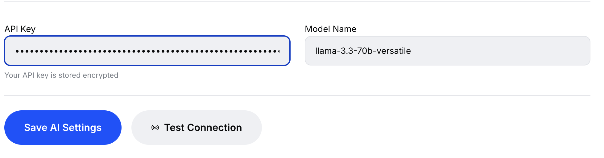 AI Provider configuration section with provider cards and connection test button
