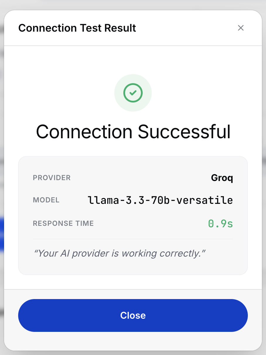 AI Connection test result dialog showing success status and latency