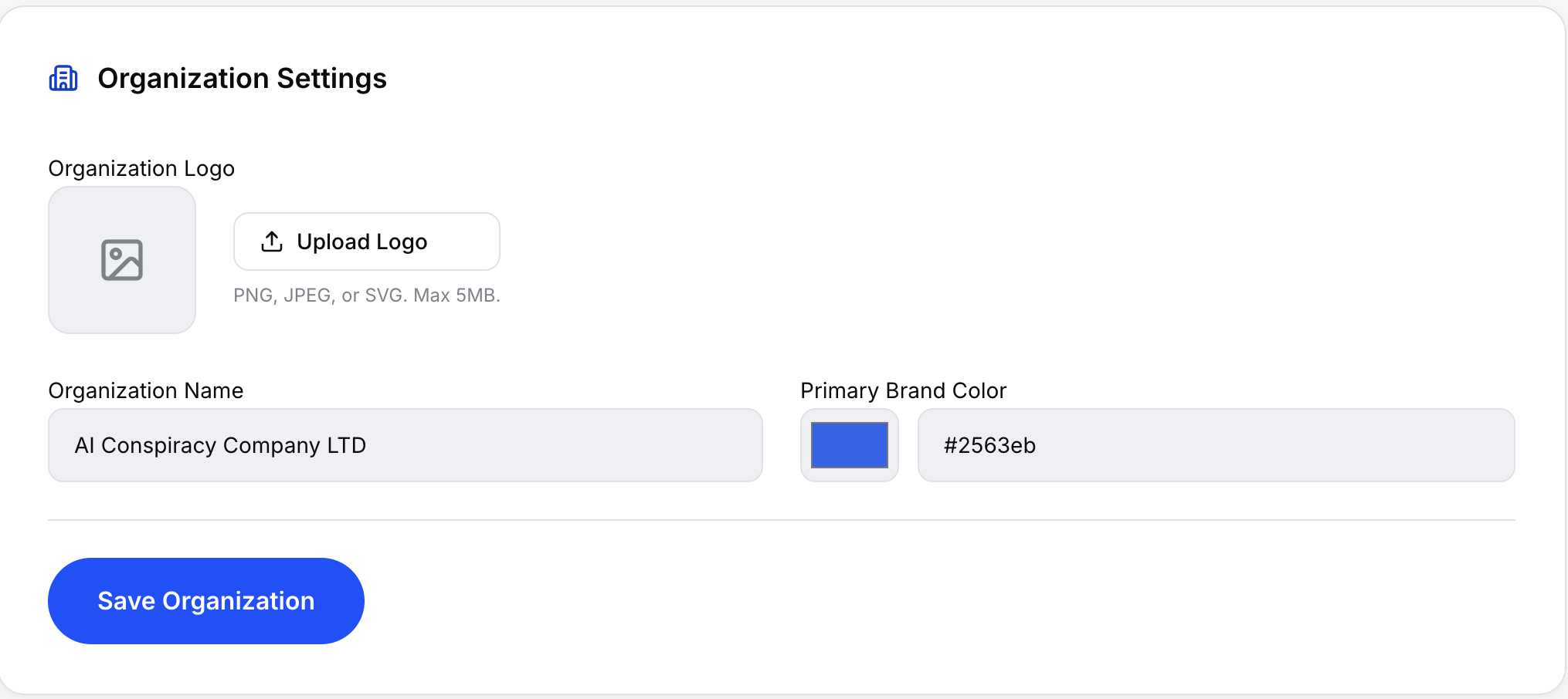 Organization Settings section showing logo upload, organization name, and brand color picker