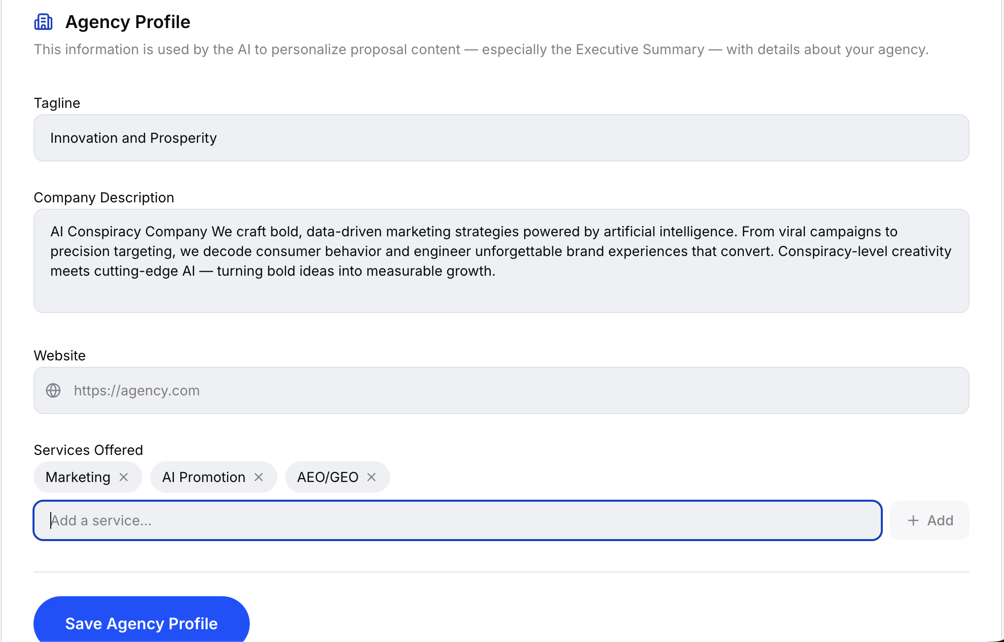 Agency Profile section with tagline, description, website, and services fields