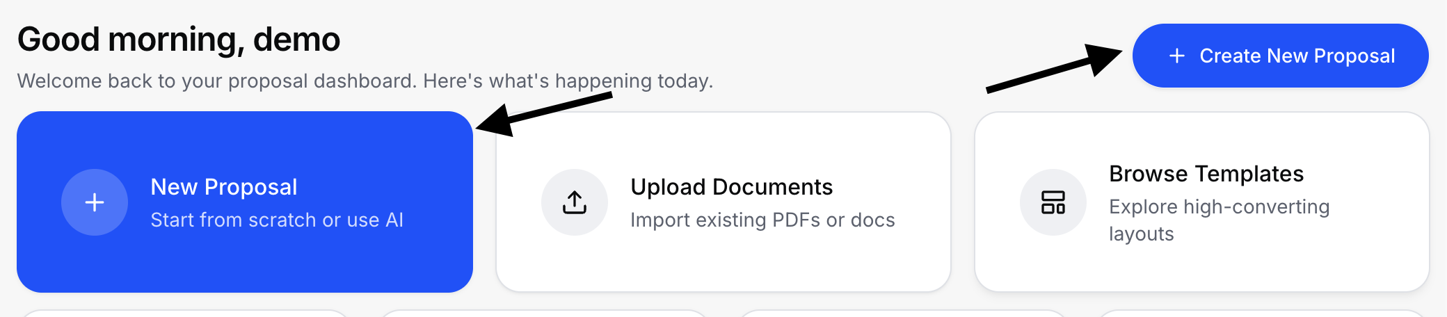 Dashboard showing Create Proposal button and quick action cards