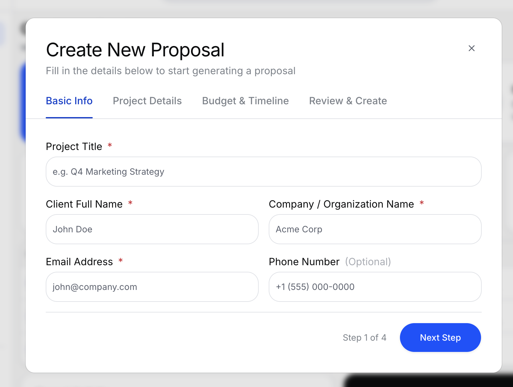 Create Proposal dialog - Step 1 Basic Info with client name, company, and email fields