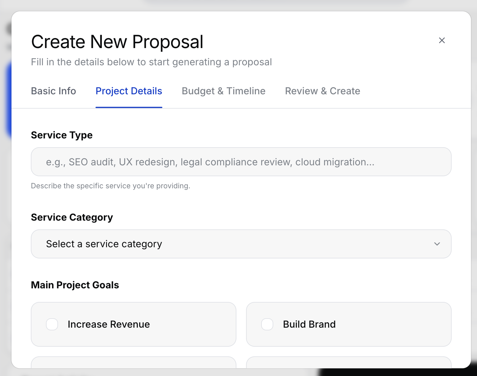 Create Proposal dialog - Step 2 Project Details with project title and description fields