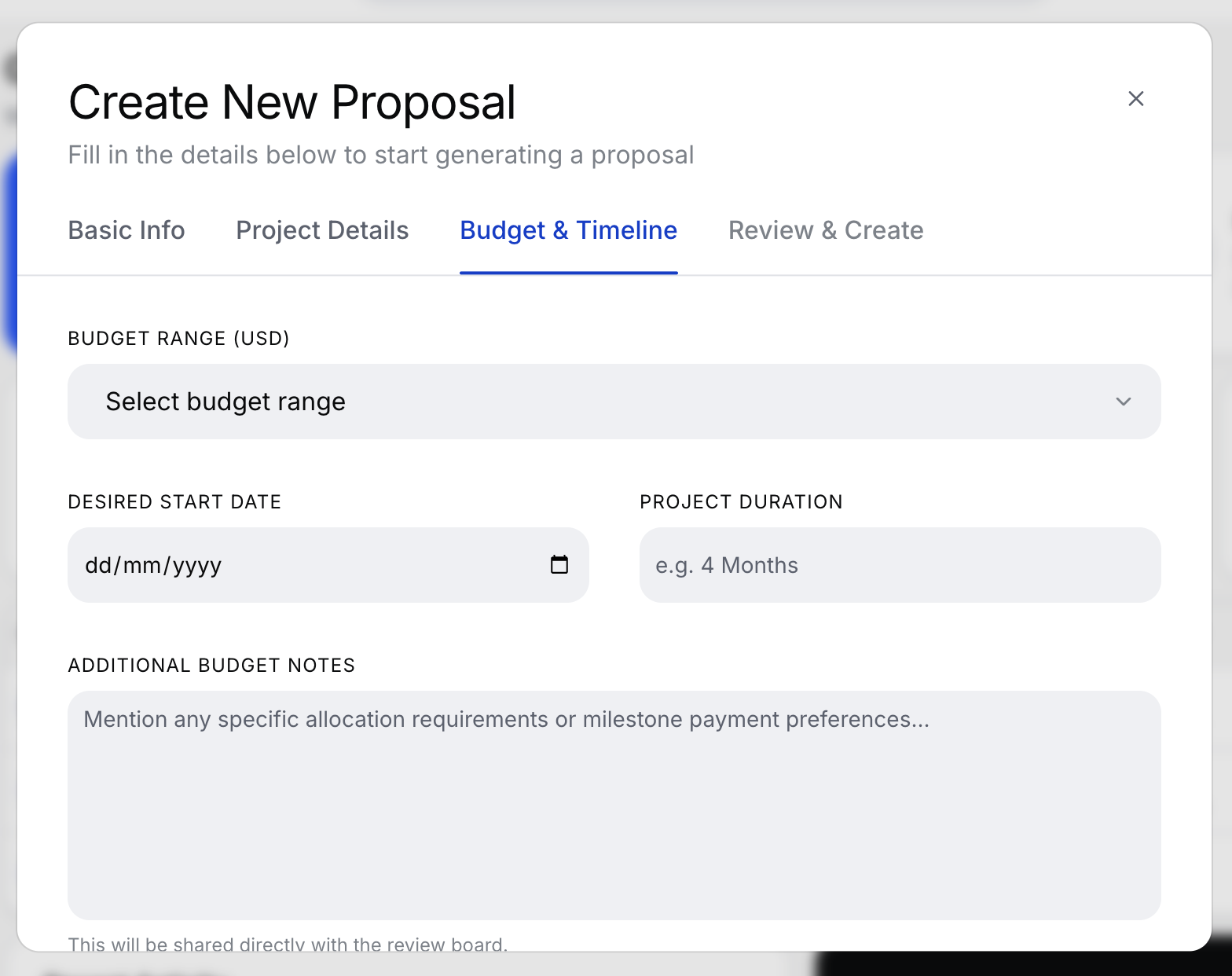 Create Proposal dialog - Step 3 Budget and Timeline with budget range and duration options