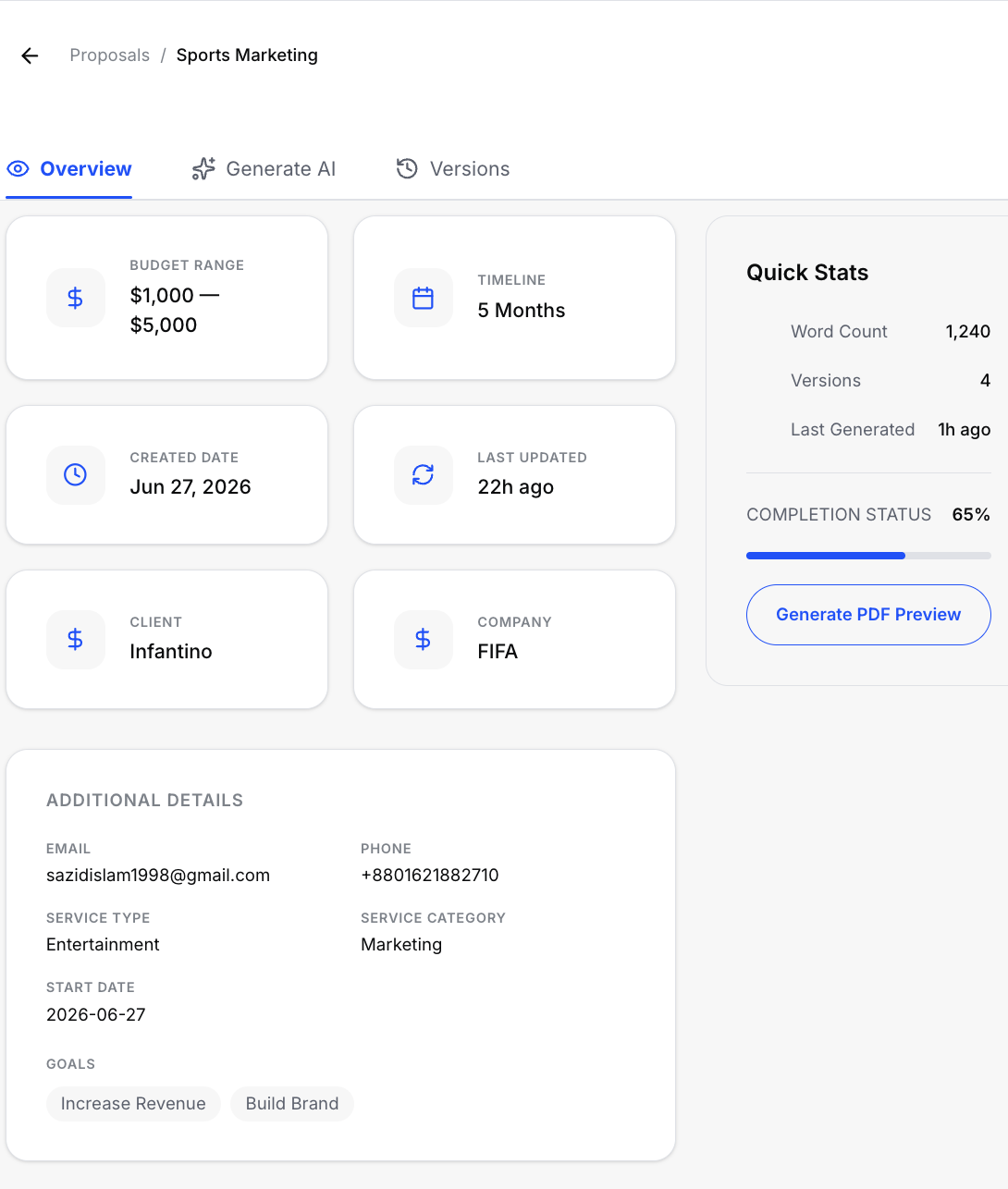 Proposal Overview page with Overview, Generate AI, and Versions tabs