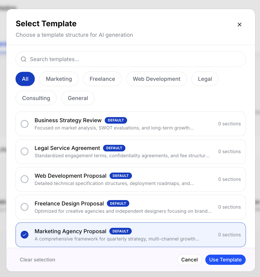 AI Generation tab showing template selection cards with pre-built template options
