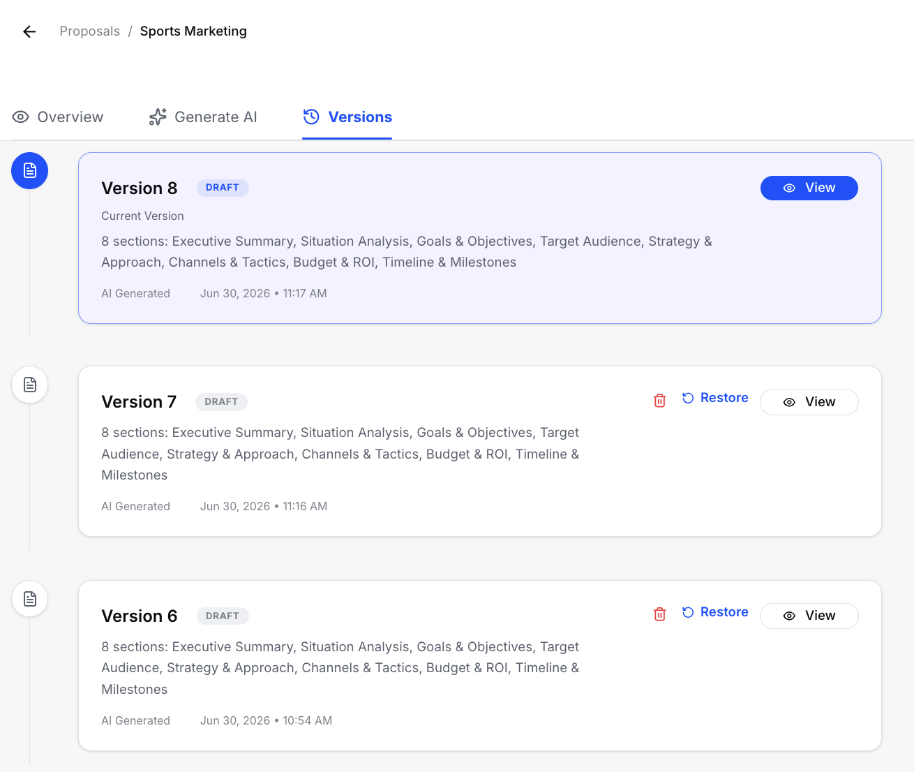 Versions tab showing version history list