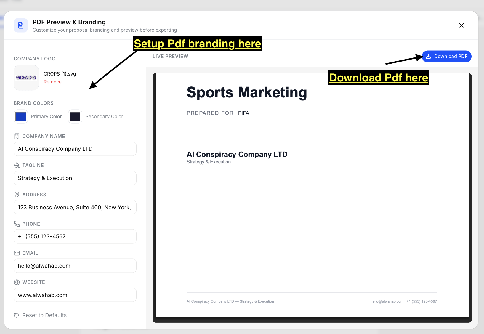 PDF preview modal showing proposal rendered as a professional PDF document