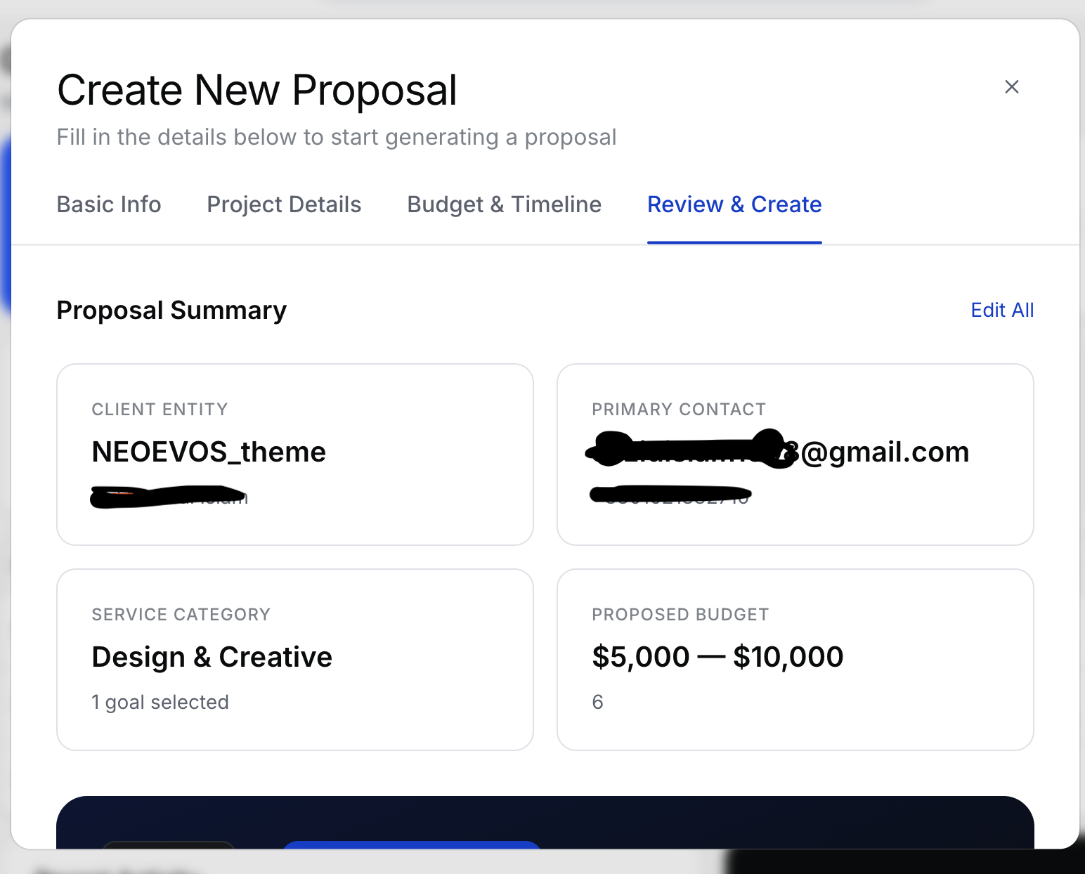 Create Proposal dialog - Step 4 Review with summary and create button