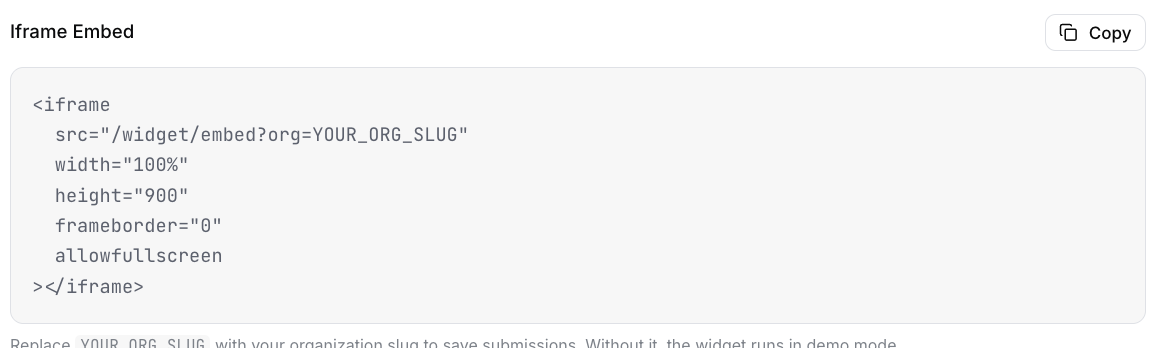Widget iframe embed code section on the embed demo page